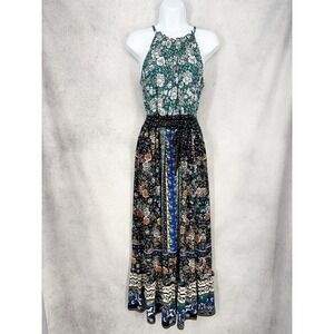 Y2K Maggy London Bohemian Print Sleeveless Tie Waist Halter Maxi Dress Size 8